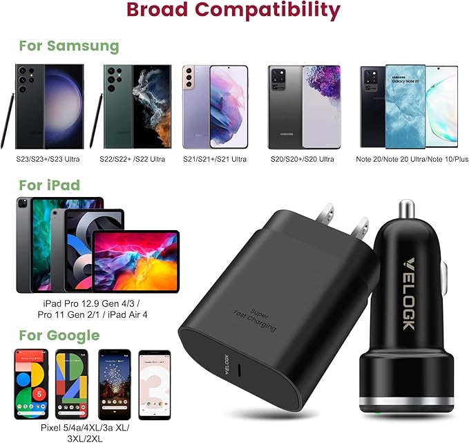 Super Fast Charger Type C Kit, VELOGK 25W PD PPS USB C Wall/Car Charger for Samsung Galaxy S26/S25/S24/S23 Ultra/S23+/S23/S22/S21/S20/Plus/Note 20/A71, iPad Pro, with 2X Nylon USB C-to-C Cable(3.3ft)