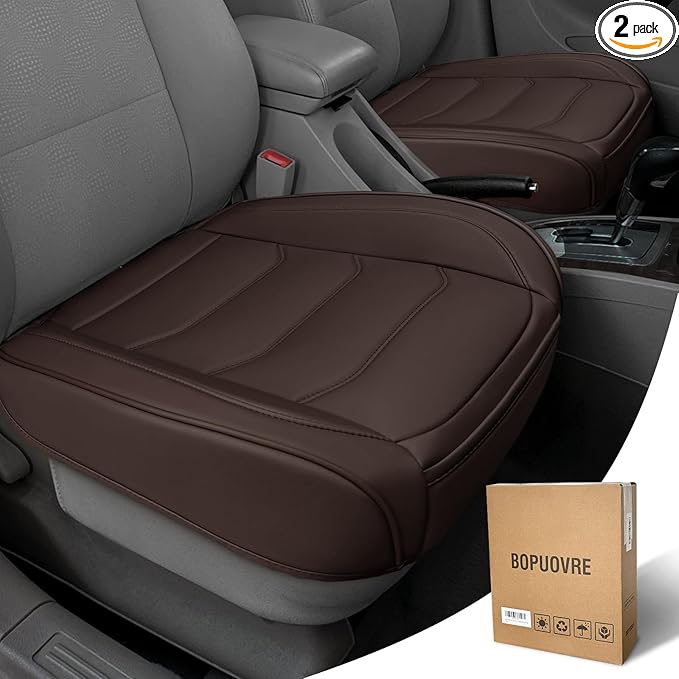 BOPUOVRE Car Seat Cover for Luxury & Comfort - PU Leather, Anti-Slip, Full Wrap Protection with Storage Pocket for Bottom Cushion - Universal Fit for 95% of Vehicles (Coffee Color,2 Piece)