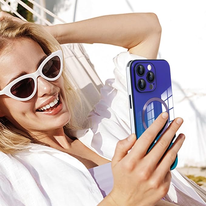 Guppy Compatible with iPhone 14 Pro Max Case Magnetic, with Full Camera Lens Protector [Compatible with MagSafe] Scratch Resistant Gradient Glass Back Cover Phone Case-Purple