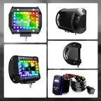 4PCS 4" inch LED Spot Work Light Bar with Multi-Color Chasing RGB Halo 16 Solid Colors Over 92 Flashing Modes Offroad Pods Lights LED Driving Lamp Fog Lights with Switch and Wiring Harness