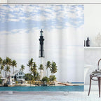 Ambesonne United States Shower Curtain, Hillsboro Lighthouse Pompano Beach Florida Atlantic Ocean Palms Coast, Cloth Fabric Bathroom Decor Set with Hooks, 69" W x 70" L, Blue White Green