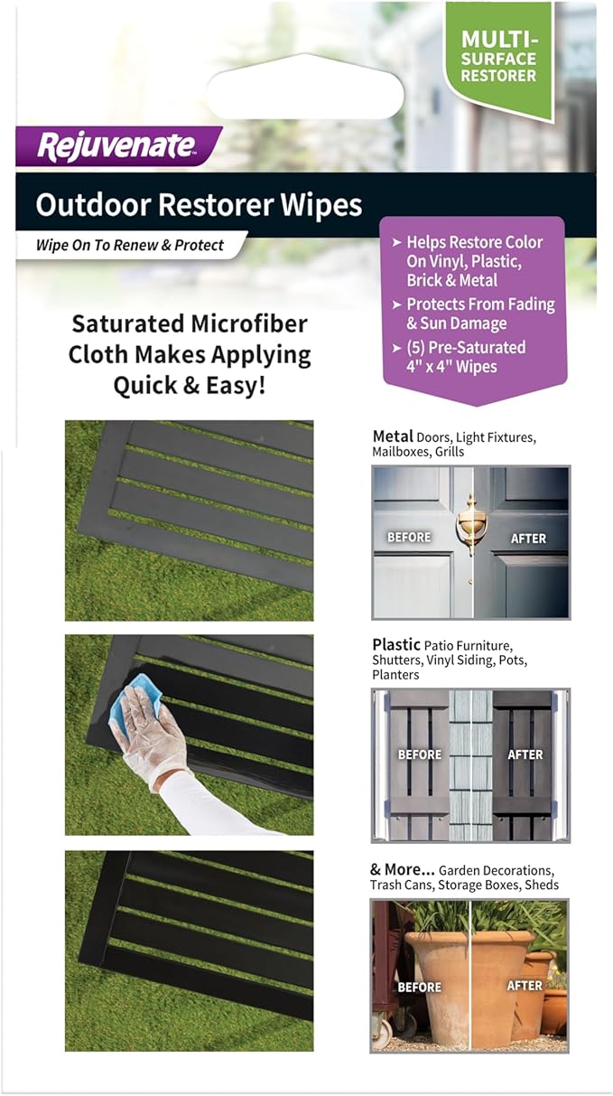 Rejuvenate Outdoor Restorer Wipes,Individually-Wrapped Pre-Saturated Microfiber Wipes Restore Faded & Weathered Surfaces Such As Patio Furniture, Shutters, Siding, Mailboxes & More,5 Count(Pack of 2)