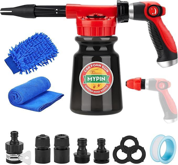 Updated 16 IN 1 Car Wash Foam Gun, Foam Cannon,Adjustable Hose Wash Sprayer with 2.5 to 6 Bars Foam Blaster,Suitable for Car Cleaning and Garden Use with 1/2” Quick Connector(Black)