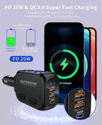 SUPERONE 180W Cigarette Lighter Splitter with 20W PD, 2-Socket Cigarette Lighter Adapter, Fast USB C Car Charger with Type-C 20W PD & QC 3.0 for Dash Cam, GPS, iPad/Laptop/iPhone 17/16/15/14/Samsung