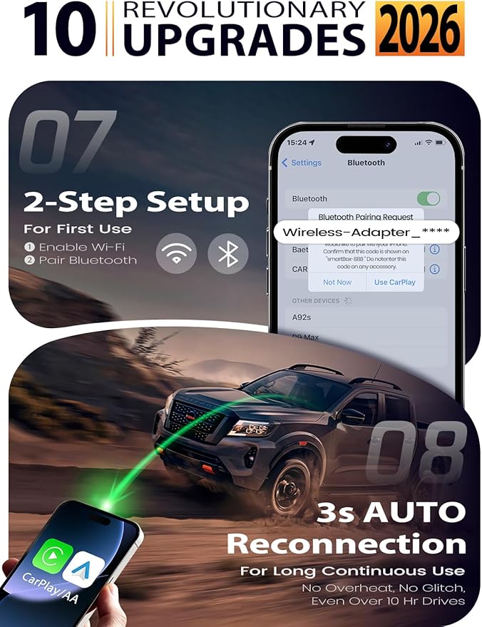 Wireless CarPlay Adapter & Android Auto Adapter, One-Click User Switch, Fast & Stable, Converts Wired to Wireless, Stable Connection Car Play Dongle for iOS 10+ / Android 11+ (Gray)