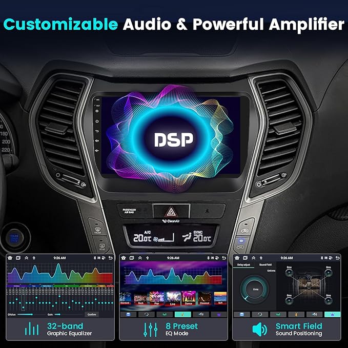 Fuluku【8 Core 4+64GB】 for 2013-2017 Hyundai Santa Fe Android 15 Car Stereo with Wireless Carplay Android Auto, 9'' Touch Screen Radio Dash Kit GPS/WiFi/32EQ DSP/Bluetooth 5.0/SWC/Mic, Backup Cam