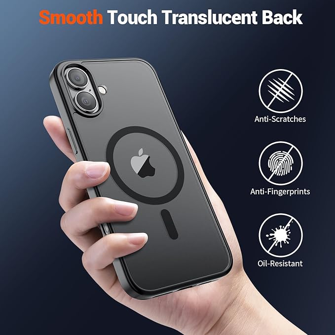 SUPFINE Magnetic for iPhone 16 Plus Case (Compatible with MagSafe) (Military Grade Drop Protection) Translucent Matte Shockproof with Anti-Fingerprint Phone Cover,Black