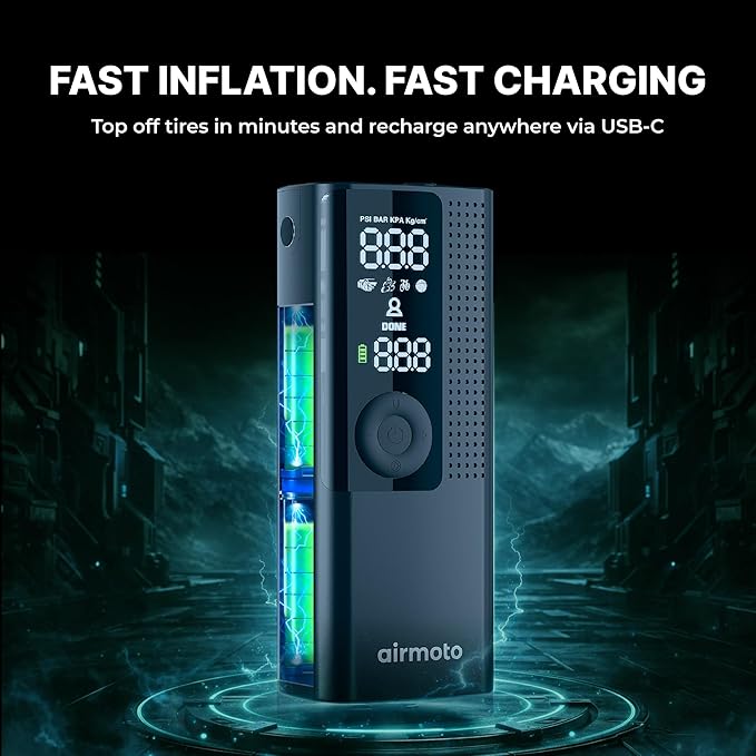 Airmoto Tire Inflator Portable Air Compressor - Air Pump For Car Tires with Digital Pressure Gauge, LED Light and Auto Shut-Off Function - Cordless Pump for Car, Motorcycle, Bicycle, Ball