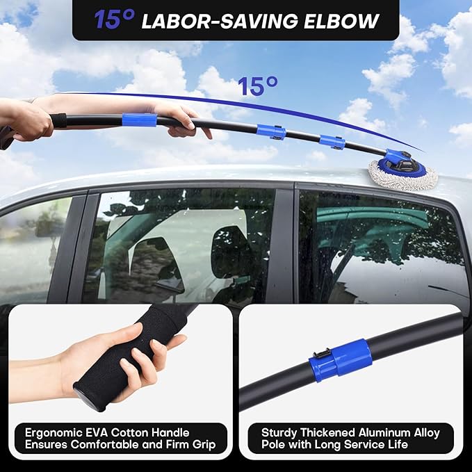 Ultimate Car Wash Brush with Long Handle | 15-Degree Curved Pole Design | Microfiber Brush Head | Adjustable Length | Wide Applications for Car, RV, Truck, Pickup | Car Wash Kit (Blue-Extended)