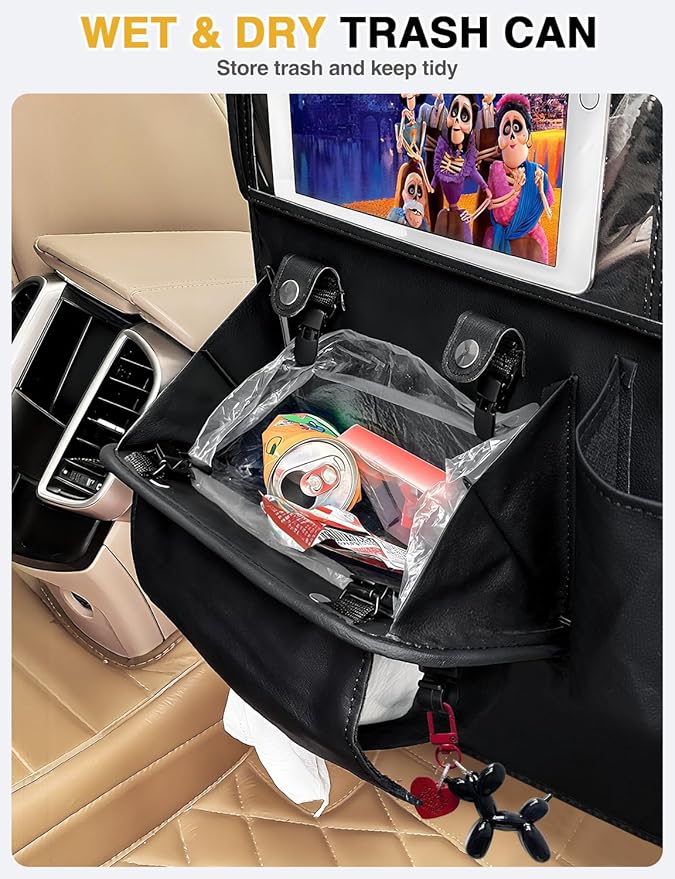 2-Pack Leather Car Backseat Organizer with Tablet Holder–Foldable Food Tray,Storage Pockets,Trash Can,Tissue Holder & Insulated Bag–Kick Mats Protector for Kids,Travel Accessories Organizer