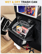 2-Pack Leather Car Backseat Organizer with Tablet Holder–Foldable Food Tray,Storage Pockets,Trash Can,Tissue Holder & Insulated Bag–Kick Mats Protector for Kids,Travel Accessories Organizer