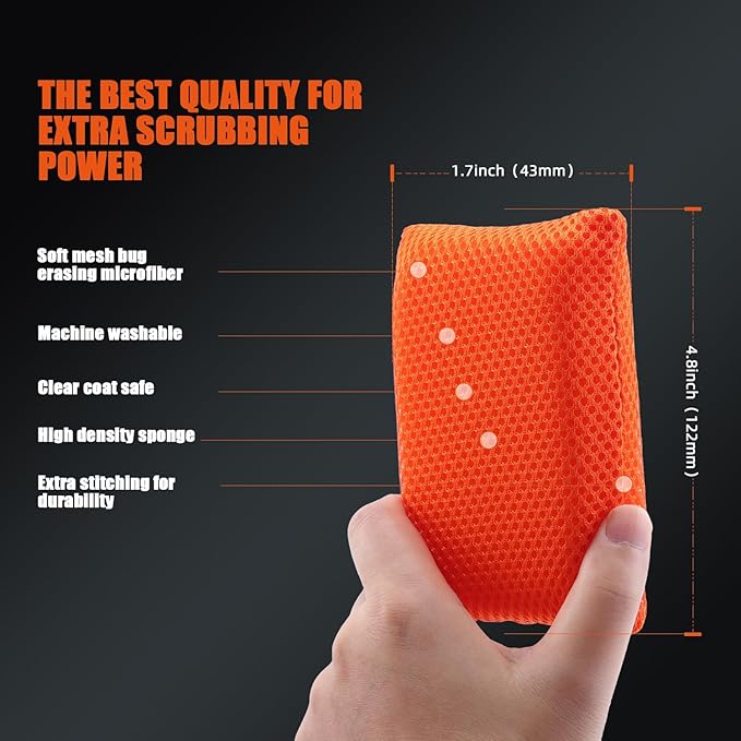 SPTA Mesh Bug Sponge, Bug Remover Car Wash Sponge for Cleaning Bugs and Tar, 4.8 inch by 3.2 inch, Cars Exterior - Ultra Soft Mesh Car Wash Sponges Non Scratch -10 Pack/Sets -WF020B10