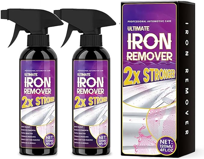 Iron Remover Car Detailing, 4 fl.oz Portable Rust Remover Spray, Fast-Drying & Gentle Formula, Removes Rust, Iron Deposits & Brake Dust for Vehicles & Metal Tools (2 Pack)