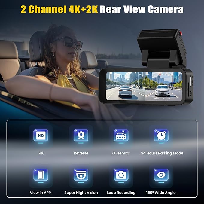 4K Dual Dash Cam Front and Rear, 4K+2K FHD Car Camera,Dash Camera for Cars Car Camera with GPS WiFi App Control 150° Wide Angle Night Vision G-Sensor Loop Recording 24H Parking Monitoring