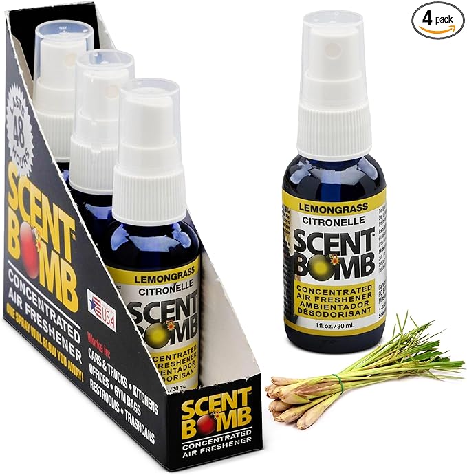 Scent Bomb Air Freshener Spray, Long-Lasting Odor Eliminator - Effective Deodorizer for Home & Car, Fresh Room Spray for Kitchen, Bathroom & Smell Neutralizer - 1 oz Pack of 4, Lemongrass Scent