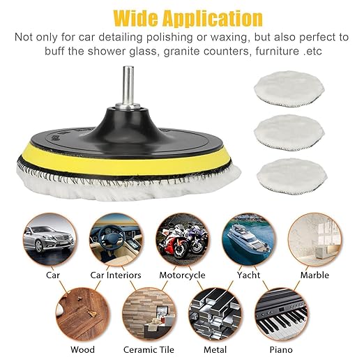 Buffer Polisher Pad Made of Wool - Wheel Mop Kit for car Detailing Drill Adaptor | Pack of 5 pcs - car buffers and Polishers kit is Practically Durable & Reusable - Drill Adapter.