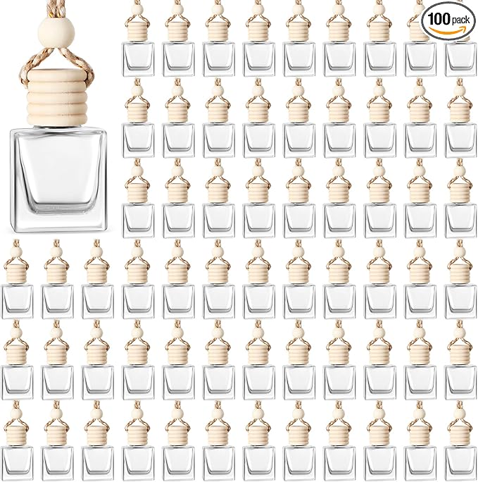 BBTO 100 Pcs Car Air Fresheners Diffuser with Wooden Cap Empty Aromatherapy Diffuser Clear Car Fragrance Holder Pendant Hanging Perfume Fresheners Bottles for Decor(Cube,Clear)