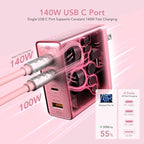 Mfish E-Rhino 140W USB-C Charger, True PD 3.1 GaN Fast Charger, 4-Port (3 USB-C + 1 USB-A) Foldable Plug Power Adapter for MacBook Pro 16”, iPhone 17/16, iPad, Galaxy, Tablet, Laptop, Pink