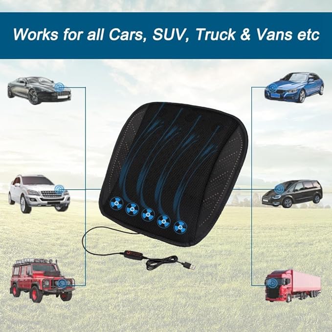 JSCARLIFE Universal Ventilated Car Seat Cushion with USB Interface Quick Cooling Three-Speed Adjustable Seat Cushion Suitable for All Car Seats, Home and Office Chairs (Style-A)