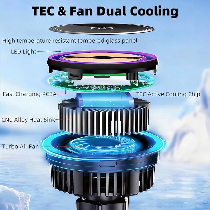 15W Fast Charging Magnetic Wireless Charger with 1" Ball for RAM Mounts - 3.54" Medium Aluminum Alloy Arm, TEC and Fan Dual Cooling - Compatible with MagSafe iPhone 17/16/15/14/13/12 Series