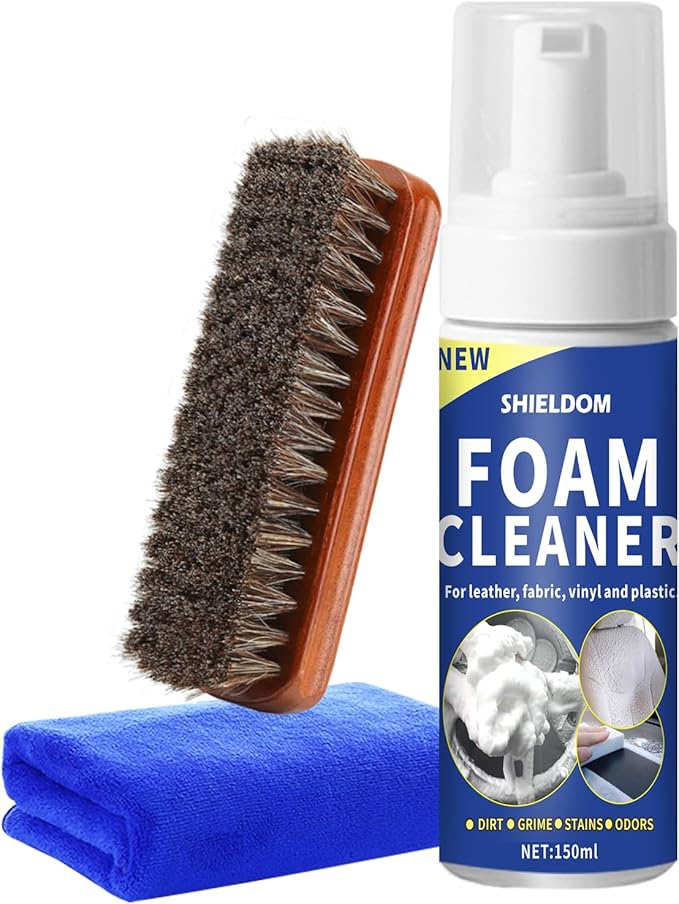 SHIELDOM Car Interior Cleaner Kit Multifunctional Foam Cleaner, Clean Cars Seat Carpet Upholstery with Detailing Brush & Towel Deep Inside Cleaning Remove Stain from Leather/Fabric/Vinyl/Plastic - 5oz