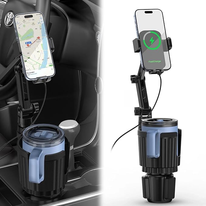 Wireless Car Charger Phone Mount Cup Holder, 3 in 1 15W Fast Charging Auto Clamping Cup Holder Expander for Car, Phone Holders for Your Car CupHolder Wireless Charger Compatible for All Smartphones
