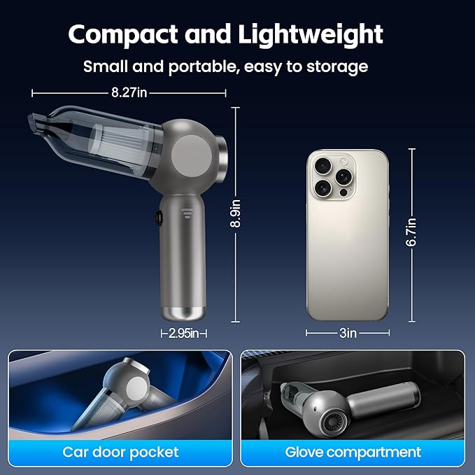 Portable Car Vacuum Cleaner High Power 17500Pa, Lightweight Mini Vacuum Cleaner, Hand Held Vacuum with LED 3-Speed Display, Multiple Attachments, Car Cleaning Kit Interior, Ideal Gift for Cars Owners