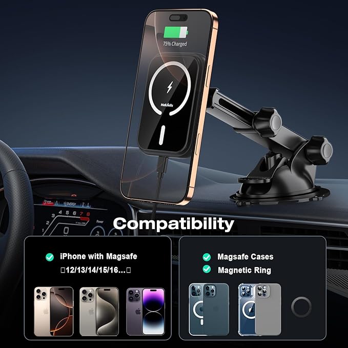 MAGJIEYX for MagSafe Car Mount Charger, (15W Fast Charging) Magnetic Wireless Charging Phone Holder Fits iPhone 16/15/14/13/12 Pro Max Plus/MagSafe Case on Dash/Windshield/Air Vent/Desk Bumpy Roads