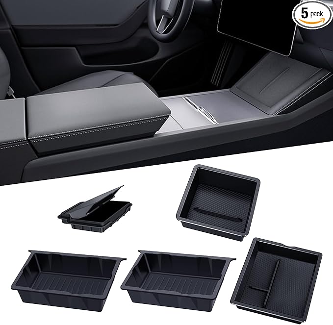 BANKKY 5PCS Center Console Organizer for Tesla Juniper: 2025-2026 New Model Y Accessories Center Console Storage Tray Armrest Hidden Box Orgainzer and Underseat Storage Box Durable ABS Anti-Slip