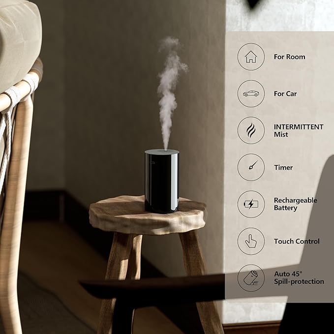 Airversa Waterless Diffuser for Essential Oil, Battery Operated Nebulizer, 0.7 Fl.Oz./ 20mL Capacity, Mini Scent Air Machine, 3 Countdown Timers & 3 Mist Levels for Home Room Car Office - AN8 White