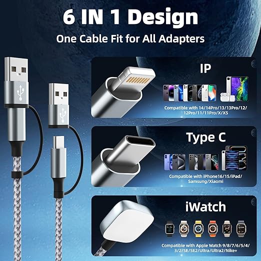 Travel Essentials 3 in 2 Charging Cable for Phone Watch Charger, USB A/USB C Multi Charging Cable/Cord for All Devices Compatible for iWatch Ultra/SE/11-2, iPhone17 15 14, Android, More - 5FT