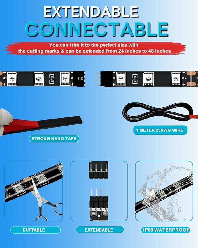 12V Led Light Strip Connectable 24Inch ICE Blue Led Strip Lights for Car Underglow Kit Golf Cart Motorcycle Boat Cabinet Waterproof Led Light Strip,4Pack