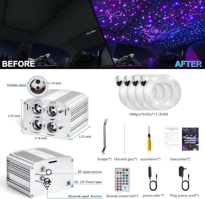 4 Colors 32W Twinkle Car Starlight Headliner Kit 1000pcs*0.03in*13.1ft with APP&RF Remote,RGBW Fiber Optic Strands Star Roof Lights,4 Port Engine Sound Activated Ceiling Star Lights for Home/Car Decor