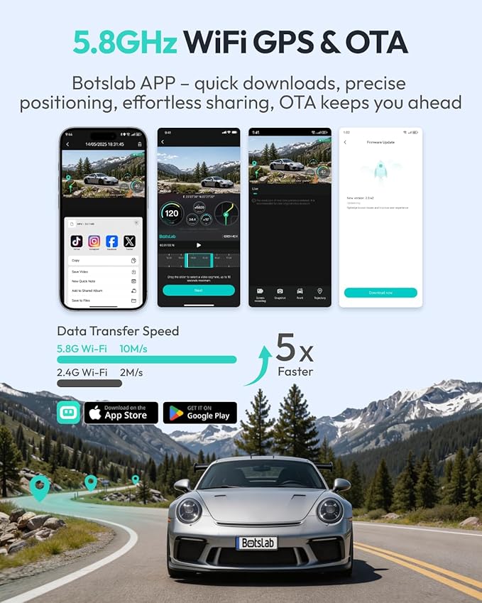 BOTSLAB 3K 4 Channel Dash Cam, 560° All-Sides View, Front and Rear Inside Car Camera with 3.18”Touch Screen, Dash Camera 24/7 Parking Mode, Built-in GPS 5.8GHz WiFi Voice Control, Free 128GB Card