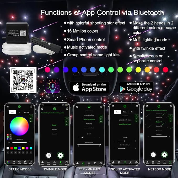 AKEPO 20W Twinkle Dual-Head Dual Color Fiber Optic Lights, Fiber Optic Colorful Meteor Light Kit Sound Activated APP/Remote Control for Car Starlights Headliner/Home 1300pcs 13.1ft/4m Fiber Strands