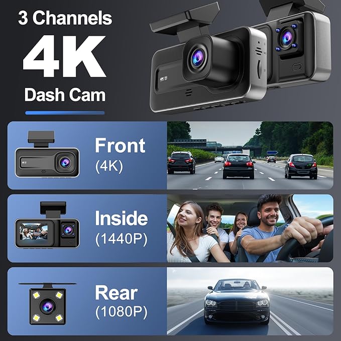 3 Channel 4K Dash Cam with 5GHz WiFi & APP Control, 4K+1080P+1440P Dash Cam Front and Rear Inside with 64GB Card, Dash Camera for Cars with Night Vision, Loop Recording, G-Sensor, 24H Parking Mode
