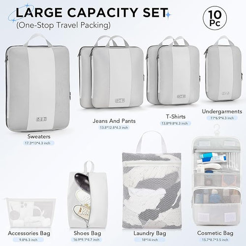 10 Set Compression Packing Cubes for Travel Essentials,Compressible Expandable Packing Cubes for Suitcase,OlarHike Luggage Organizer Bags for Travel,Handy Helper for Organizing Clothes(White)
