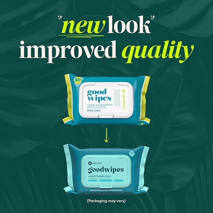 goodwipes Flushable Butt Wipes - Vitamin E & Aloe - Sewer & Septic Safe - Extra Large Adult Wet Wipes For Women & Men - Bathroom Essentials - Shea-Coco, 153 Count (3 Packs + 3 Individually Wrapped)