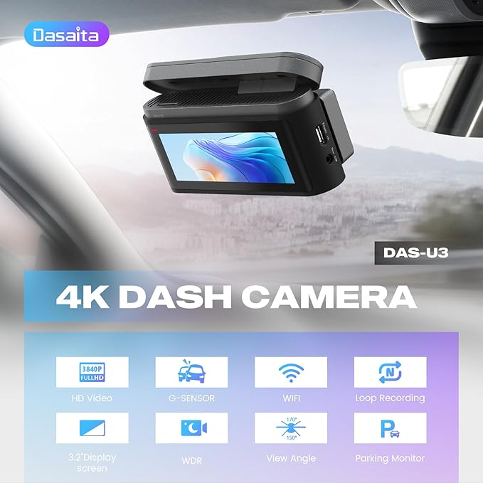 Dasaita 4K Front Dash Cam, 2160P Car Camera, 3.2" IPS HD Display, 170° Wide Angle, WiFi, WDR, G-Sensor, Loop Recording, Car Charger Power Cable, Night Vision-DAS-U3