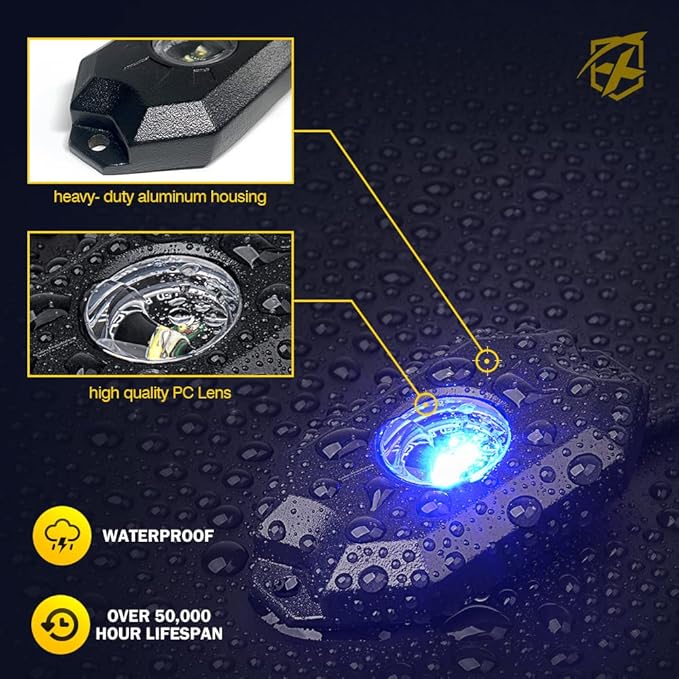 Xprite RGBW LED Rock Lights Kit with Bluetooth & Wireless Remote Controller, Multicolor Cars Underglow, Wheel, Footwell Neon Light Kits, for Off-Road UTV ATV Trucks SUV Motorcycle Boats - 6 Pods