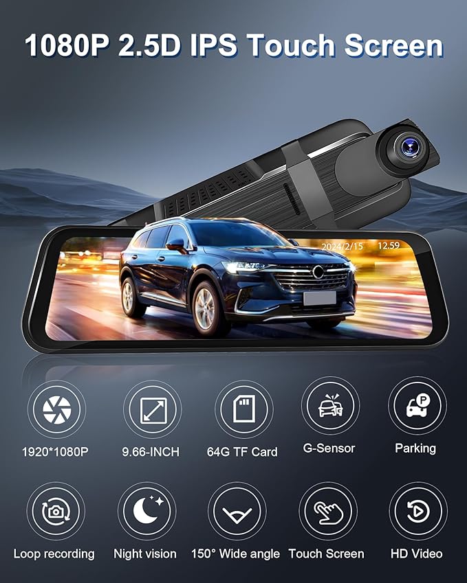 2025 9.66" 1080P Rear View Mirror Camera Front and Rear Dash Cam for Cars & Trucks - G-Sensor, Reverse Assist, GPS Tracking, WDR & HDR Night Vision, 64GB Card