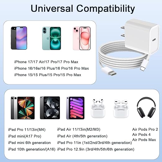 for iPhone 17 Charger Fast Charging,10Foot Long USB C Cable with 20W PD iPhone 17 Pro Max Charger USB C Fast Charging Block for iPhone 17/17 Air/17 Pro/17 Pro Max/16 Plus/16 Pro Max/15/15 Pro Max/iPad