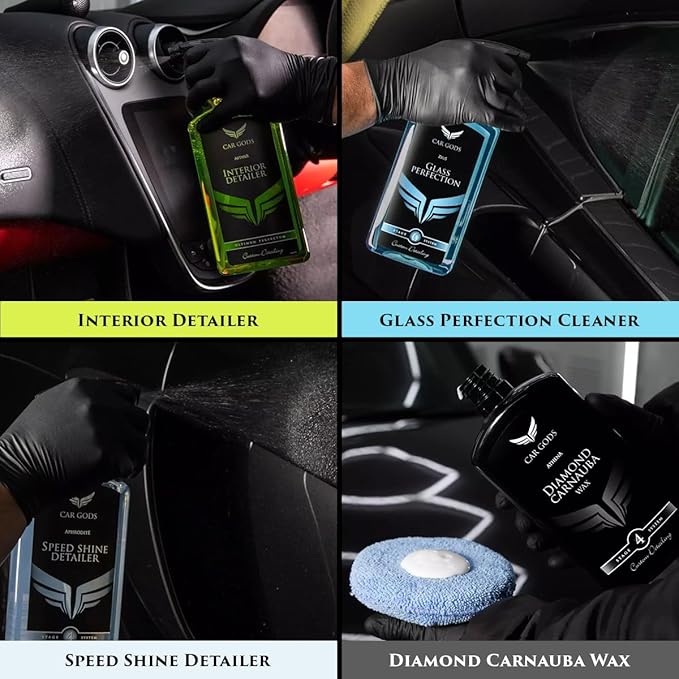 Car Gods 8 Piece Car Cleaning Detailing Kit - Shampoo - Carnauba Wax - Wheel Cleaner - Shine Detailer - Fallout Eliminator - Tyre Serum - Interior Detailer - Glass Cleaner