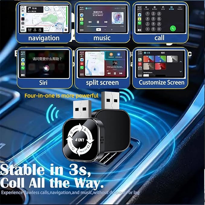 2026 Upgraded 4-in-1 Wireless CarPlay Adapter, Convert Wired to Wireless CarPlay & Android Auto, Support AirPlay & Screen Mirroring, Zero Latency Plug & Play, USB/Type-C for iPhone iOS & Android