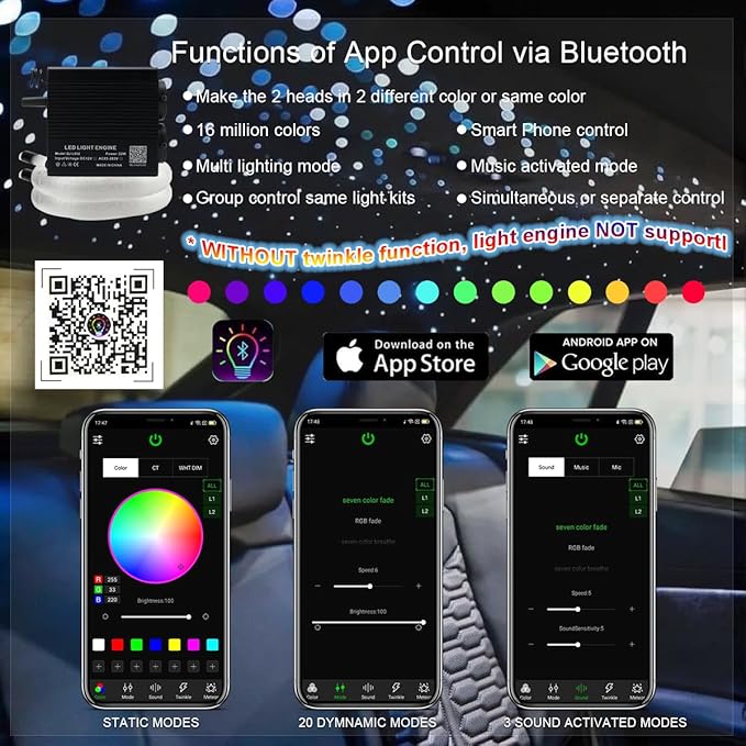 AKEPO 32W Dual-Head Different Color Music Activated Fiber Optic Lights, 900pcs of 0.03in End Glow Optical Fibers in 9.8ft+Remote/APP Control RGBW Fiber Optic Star Ceiling Light Kit Car Headliner Star