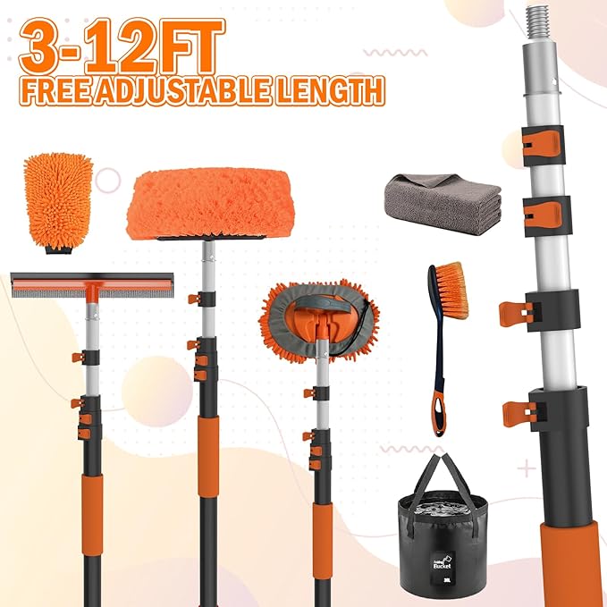 LAANPOLE 12FT Car Wash Brush with Long Handle, Car Cleaning Kit with Soft Bristle Wash Brush, Microfiber Cleaning Mop, Window Squeegee, Mitt, Wheel Brush, Bucket, Drying Towel for RV, Truck, Boat