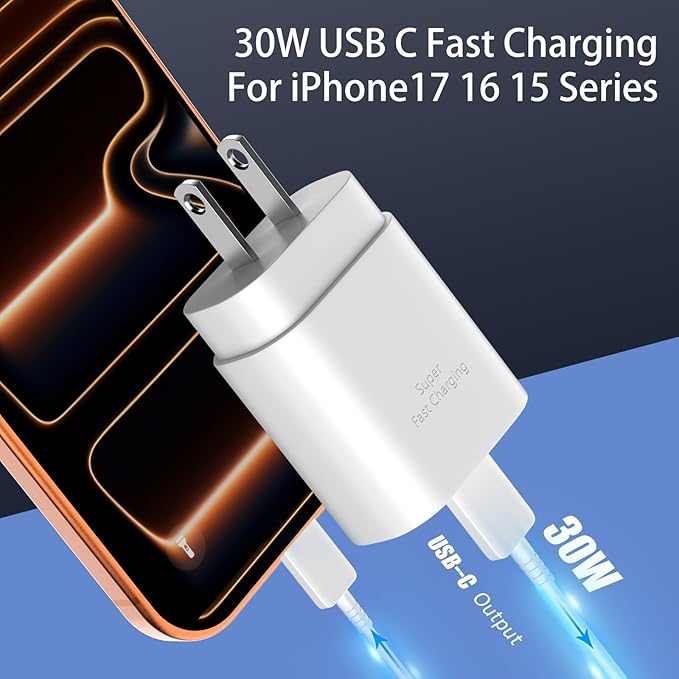 Phone 17 16 15 Charger Fast Charging,30W USB C Phone 17 16 15 Pro Max Charger Block & 8FT Long Type C Cable Cord for i.Phone 17/Air/17 Pro/17 Pro Max/16/16 Pro/16 Pro Max/15/15 Pro Max,White