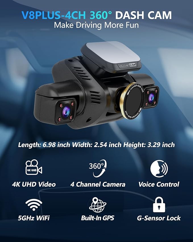 Dash Cam 4 Channel Front and Rear Inside, 360° Car Camera 4K UHD, Dash Camera for Cars Built-in Wi-Fi GPS, Dashcam Free 64GB Card, Voice Control, CPL Filter, WDR Night Vision, 24H Parking Mode(V8PLUS)