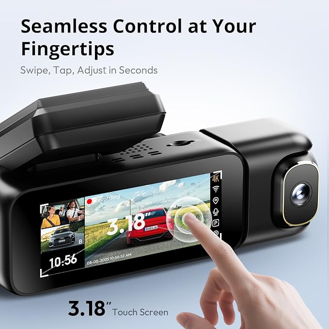 BOTSLAB 3 Channel Dash Cam 4K with ACC Hardwire Kit & 128GB TF Card, 3.18" Touch Screen, Voice Control, 4K Front and 1080P Rear Inside Loop Recording, 5.8GHz WiFi, GPS, Night Vision, WDR, Parking Mode
