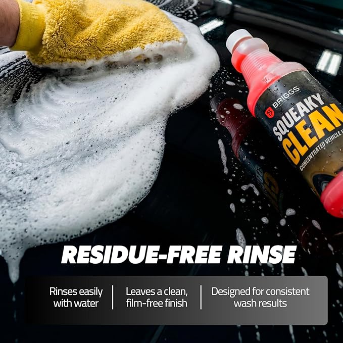 Briggs Squeaky Clean Hyper Concentrated Vehicle Wash – High Suds Car Wash Soap with Easy Rinse, Spot-Free Shine, Safe on Paint, Plastic & Metal – 34 oz